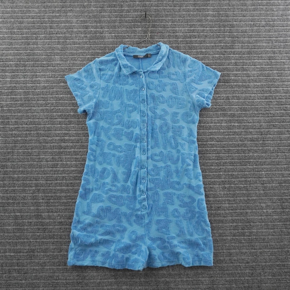 Jaded London Romper Womens 12 Blue Terry Cloth Embossed Button Up Summer